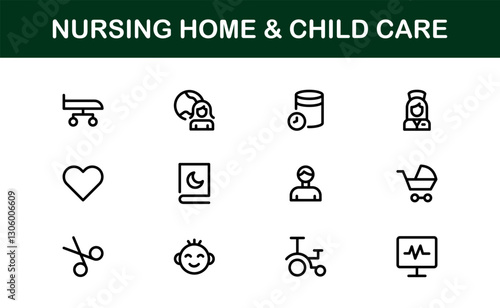 Nursing Home and Child Care Icon Set. Premium Icons for Senior Care, Elderly Assistance, Childcare, and Family Support