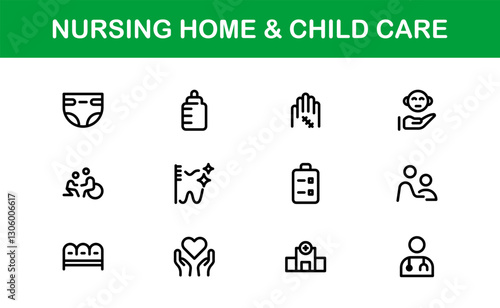 Nursing Home and Child Care Icon Set. Premium Icons for Senior Care, Elderly Assistance, Childcare, and Family Support