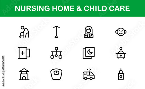 Nursing Home and Child Care Icon Set. Premium Icons for Senior Care, Elderly Assistance, Childcare, and Family Support