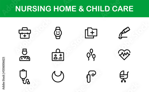 Nursing Home and Child Care Icon Set. Premium Icons for Senior Care, Elderly Assistance, Childcare, and Family Support