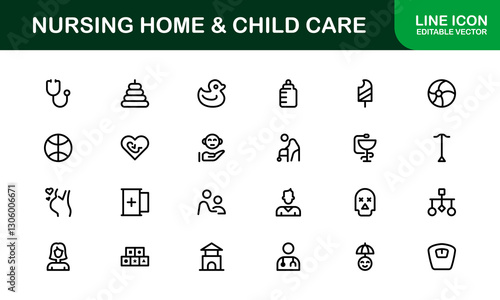 Nursing Home and Child Care Icon Set. Premium Icons for Senior Care, Elderly Assistance, Childcare, and Family Support