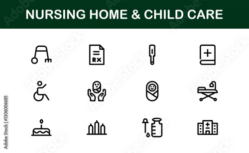 Nursing Home and Child Care Icon Set. Premium Icons for Senior Care, Elderly Assistance, Childcare, and Family Support