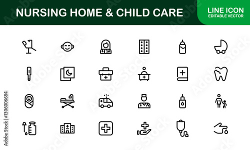 Nursing Home and Child Care Icon Set. Premium Icons for Senior Care, Elderly Assistance, Childcare, and Family Support