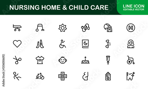 Nursing Home and Child Care Icon Set. Premium Icons for Senior Care, Elderly Assistance, Childcare, and Family Support