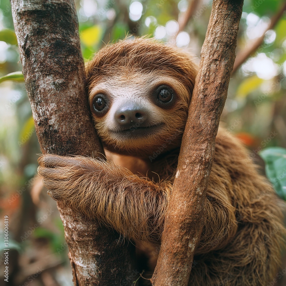 Fototapeta premium Sloth clinging to a tree, smiling friendly.