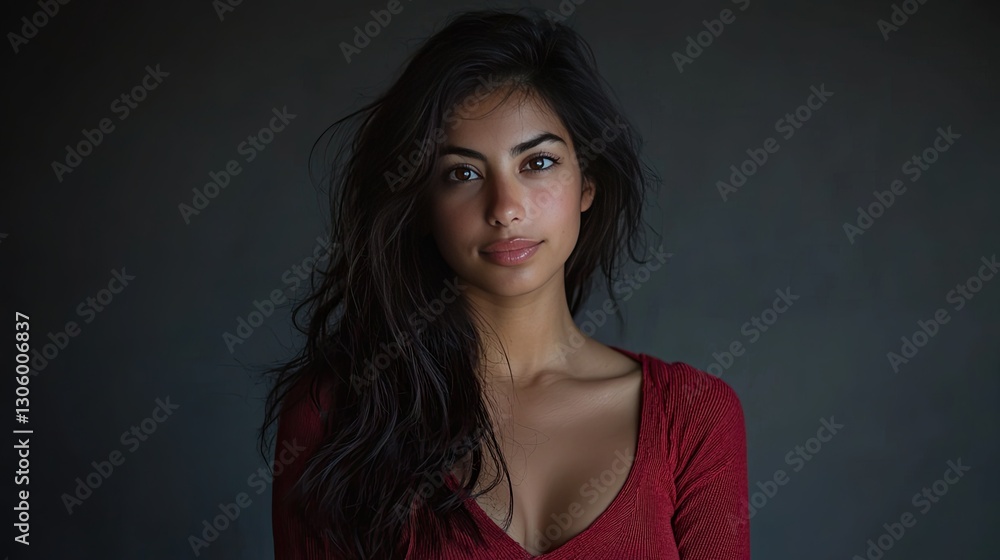 A woman posing for a portrait in a studio setting. A woman posing for a portrait in a studio setting.