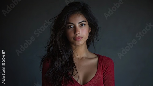 A woman posing for a portrait in a studio setting.