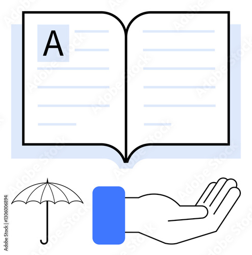 Open book with text emphasizes education, umbrella conveys protection, and hand signifies help. Ideal for learning, safety, charity, guidance, understanding sharing philanthropy. Flat simple