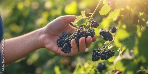 Fototapeta Naklejka Na Ścianę i Meble -  A close-up shot of a hand picking grapes in a vibrant vineyard, symbolizing hard work, connection to food, and the beauty of nature's bounty in an idyllic setting.