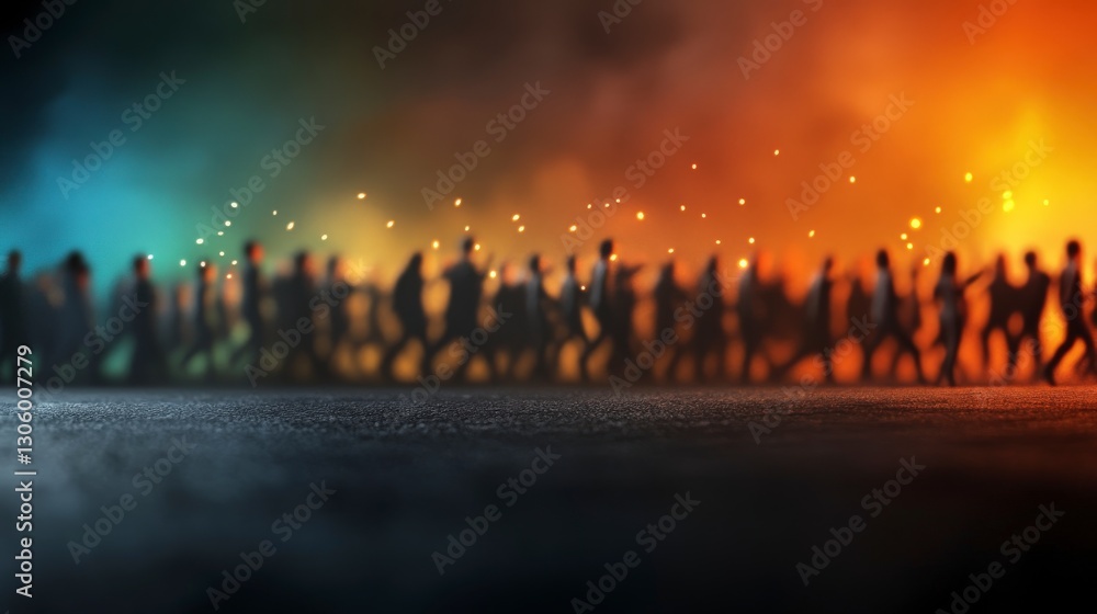 Abstract silhouette of a crowd walking together with colorful smoke background at night time Abstract silhouette of a crowd walking together with colorful smoke background at night time