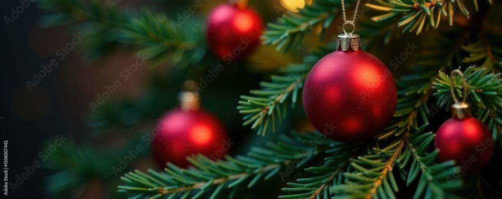 Festive evergreen branch adorned with bright red orbs, ball, festive Festive evergreen branch adorned with bright red orbs, ball, festive