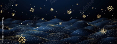 Golden snowflakes decorate a dark blue Christmas background.