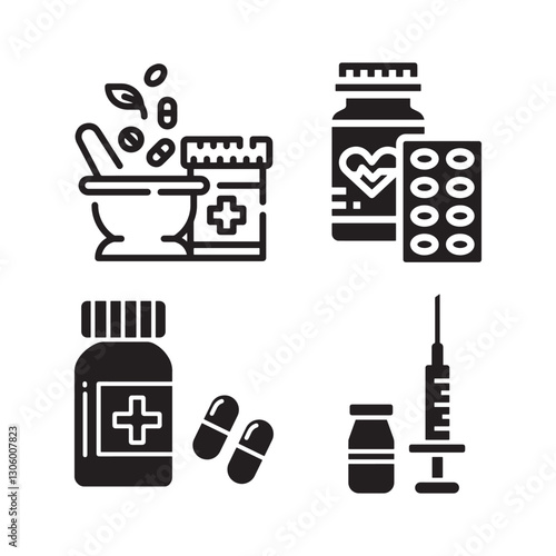 Medical Pharmacy Icons, Pills, Bottles, and Injection Symbols.