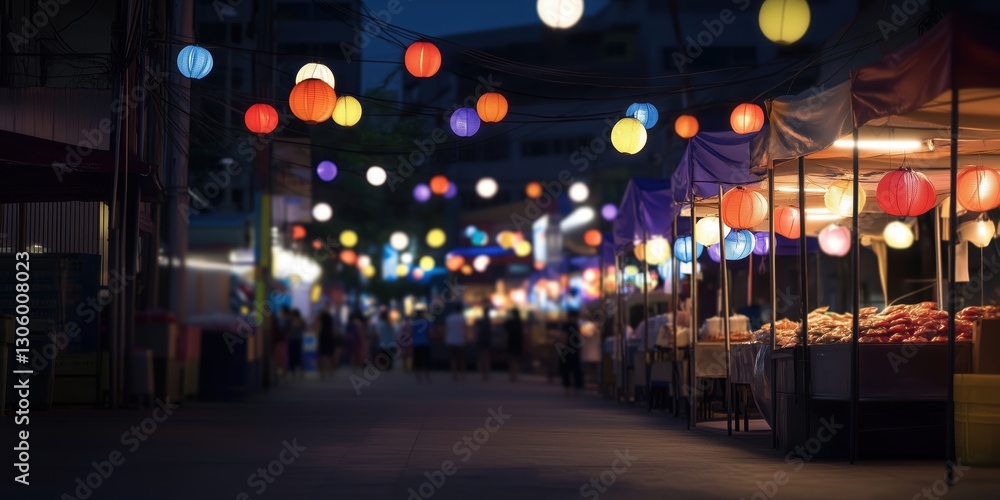 Fototapeta premium A charming night market adorned with colorful lanterns creates a magical atmosphere, attracting visitors who enjoy diverse food options and evening shopping experiences.