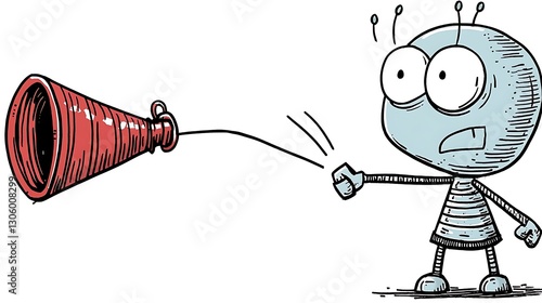 Cartoon Character with Red Megaphone Announcing Loudly
