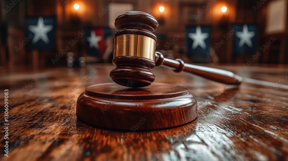Gavel rests on table in courtroom with flags in the background Gavel rests on table in courtroom with flags in the background