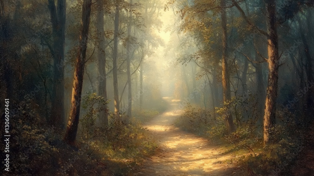 Obraz premium Magical Foggy Pathway in Ancient Forest