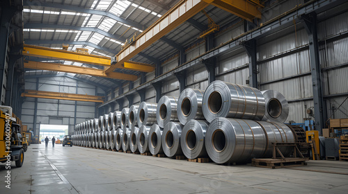 Loading galvanised steel rolls with gantry crane in huge warehouse.