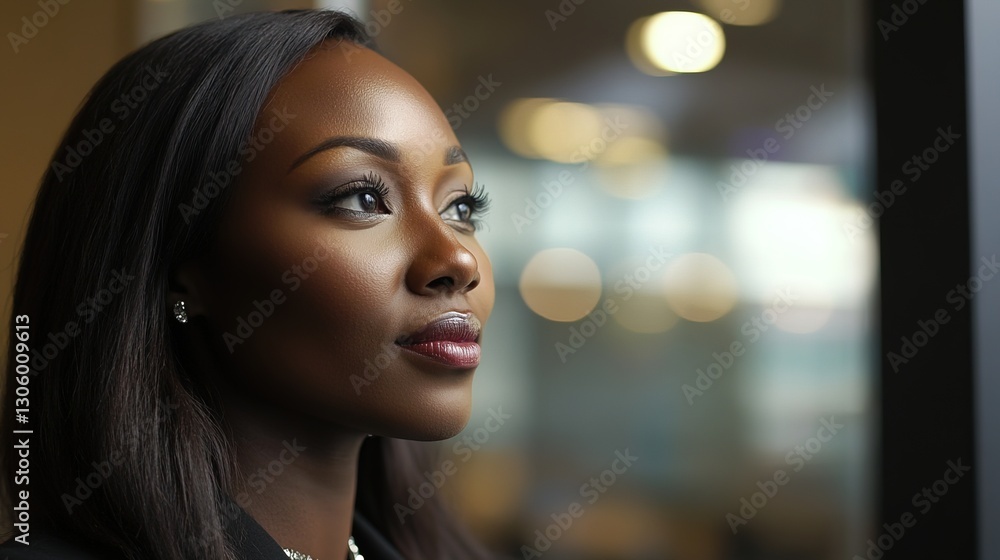 Obraz premium African businesswoman exuding confidence and professionalism in a modern workplace setting. 