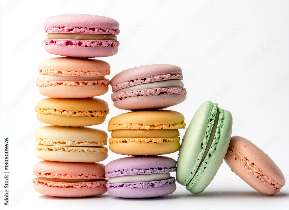 stack of colorful macarons with creamy filling, beautifully arranged on a white background stack of colorful macarons with creamy filling, beautifully arranged on a white background