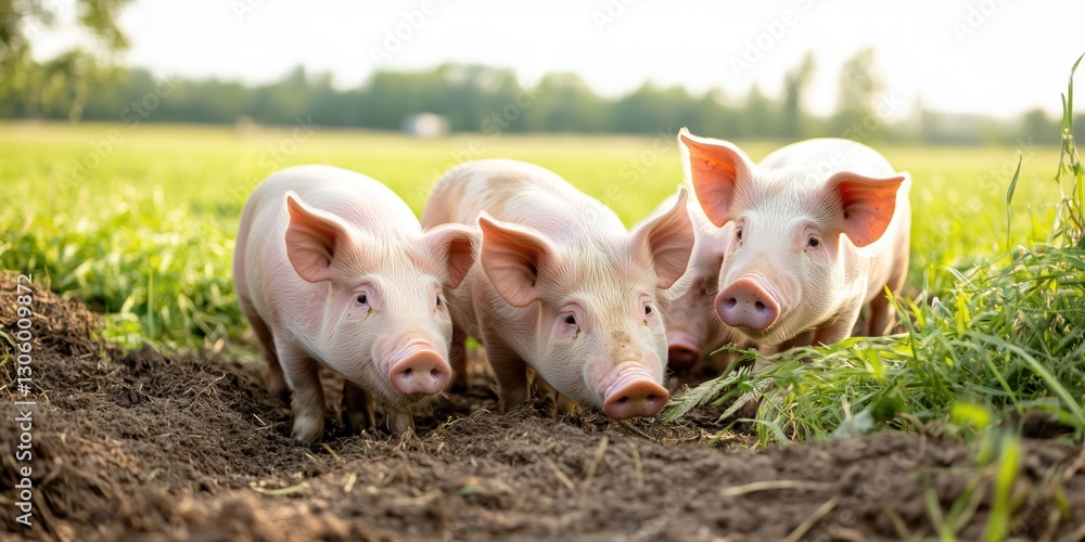 A delightful moment is captured in this image of four adorable piglets exploring a lush green field, portraying childhood innocence and playful spirit in farm life. A delightful moment is captured in this image of four adorable piglets exploring a lush green field, portraying childhood innocence and playful spirit in farm life.