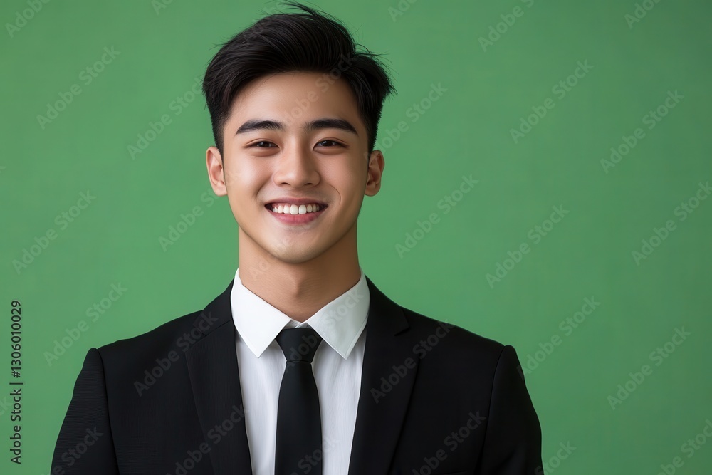 Smiling Asian businessman in suit, green background. Ideal for corporate, finance, or success themes. Smiling Asian businessman in suit, green background. Ideal for corporate, finance, or success themes.