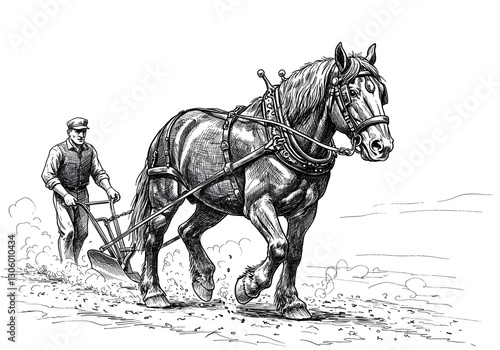 Horse Plowing Field with Farmer Hand Drawn Illustration in Black and White