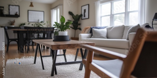 A cozy and stylish living room featuring a minimalist design with soft furnishings and indoor plants  creating a serene atmosphere perfect for relaxation and socializing.