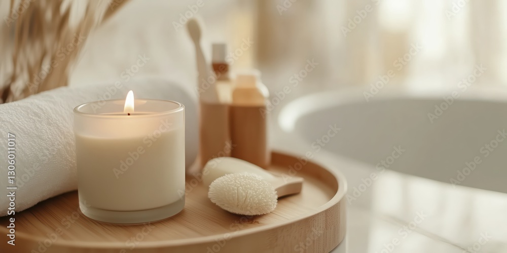 A calming arrangement of bath essentials and a lit candle, designed to create a soothing atmosphere ideal for relaxation and self-indulgence. A calming arrangement of bath essentials and a lit candle, designed to create a soothing atmosphere ideal for relaxation and self-indulgence.