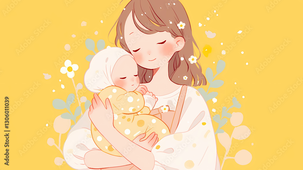 A serene illustration of a mother lovingly cradling her sleeping baby against a cheerful yellow background A serene illustration of a mother lovingly cradling her sleeping baby against a cheerful yellow background