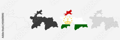 Tajikistan map in various style outline, grey, flag color, dotted