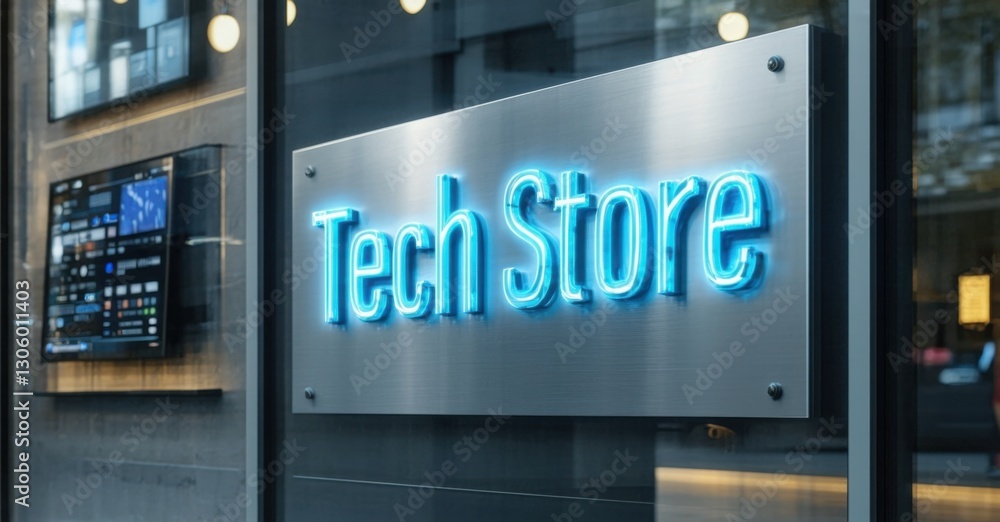 Modern metallic sign tech store sleek silver neon blue mounted futuristic storefront softly reflecting glass panels digital screens Modern metallic sign tech store sleek silver neon blue mounted futuristic storefront softly reflecting glass panels digital screens