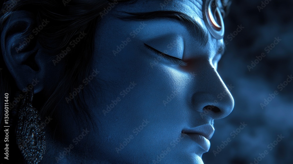 A divine and calm Lord Shiva face, his third eye subtly glowing, creating a peaceful and spiritual atmosphere A divine and calm Lord Shiva face, his third eye subtly glowing, creating a peaceful and spiritual atmosphere