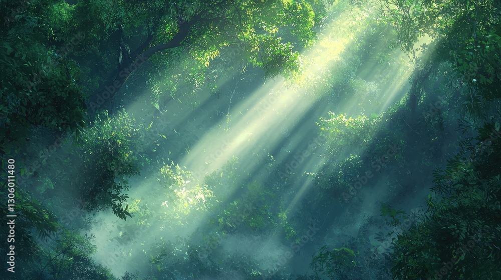 Fototapeta premium Magical Foggy Forest with Morning Rays