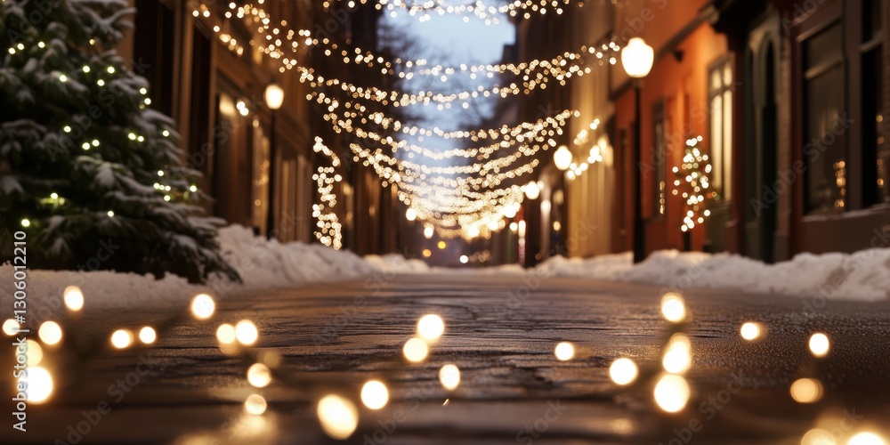 Obraz premium A picturesque winter street is beautifully illuminated with soft, sparkling lights that create a warm and inviting ambiance, perfect for joyful holiday gatherings.