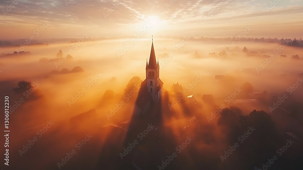 Naklejka premium Sunrise Mist Envelops Church