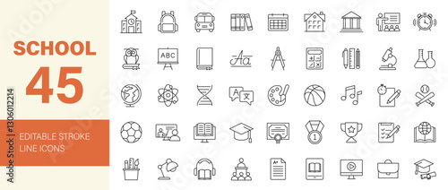 School icon set. Education related icons: learning, classroom, students, teacher, book, E-learning, graduation, school subjects and more. Editable line icons. Vector illustration.