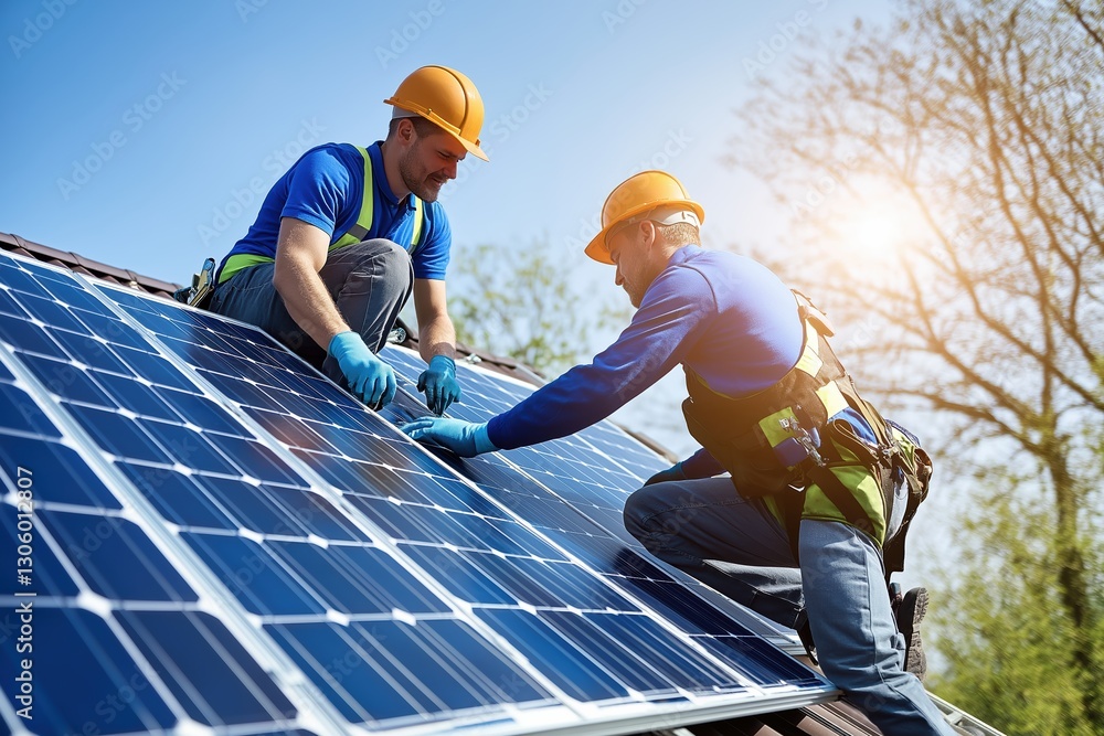 Two technicians in safety gear mounting solar panels on a roof, selective focus Two technicians in safety gear mounting solar panels on a roof, selective focus