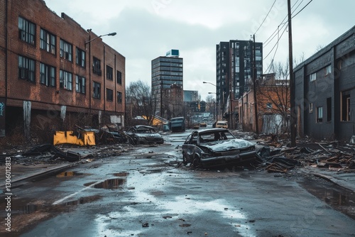 Urban Disaster Aftermath, Damaged Cars, Ruined Street, Cityscape in Background photo