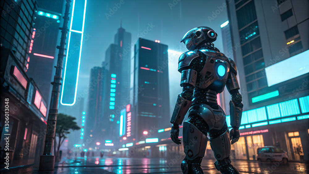 futuristic AI powered robot stands in neon lit cityscape, surrounded by towering buildings and glowing signs. atmosphere is moody and rainy, creating captivating scene futuristic AI powered robot stands in neon lit cityscape, surrounded by towering buildings and glowing signs. atmosphere is moody and rainy, creating captivating scene