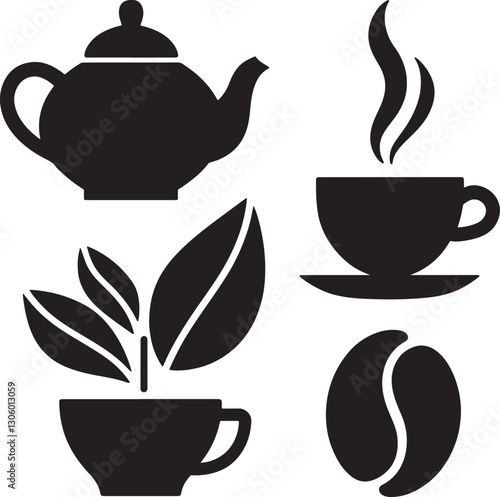 Create a Coffee Drink Set vector art silhouette with white background.