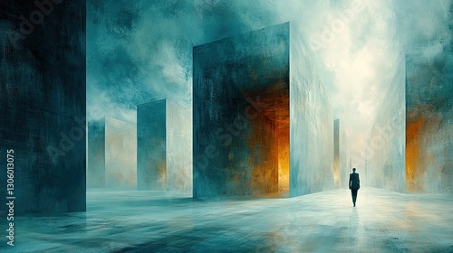 Abstract man walks through concrete columns, lit path, surreal