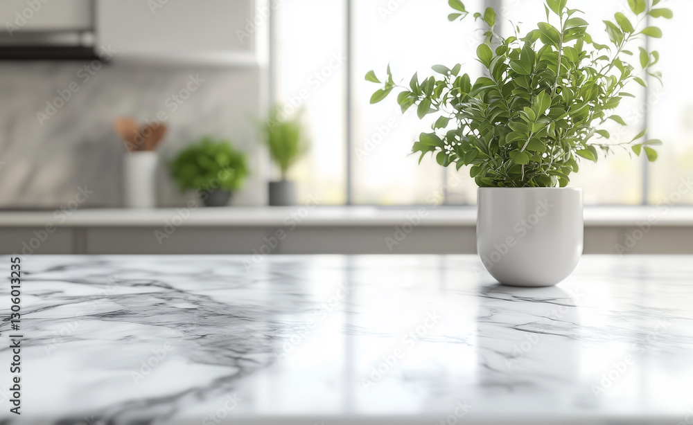 Marble table top with a blurred white kitchen interior background for product display montage Marble table top with a blurred white kitchen interior background for product display montage