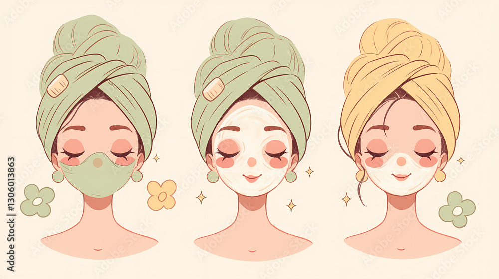 Women enjoying a spa day with facial masks and towels, showcasing relaxation and self-care Women enjoying a spa day with facial masks and towels, showcasing relaxation and self-care