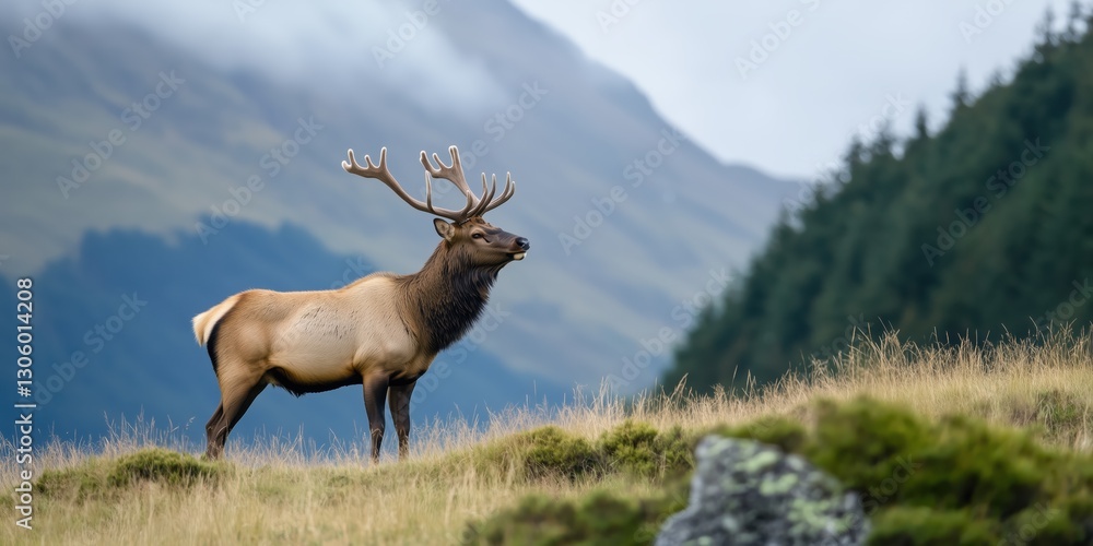 A regal elk stands majestically on a hilly landscape, embodying the spirit of the wild and the beauty of natural surroundings in soft, diffused light. A regal elk stands majestically on a hilly landscape, embodying the spirit of the wild and the beauty of natural surroundings in soft, diffused light.