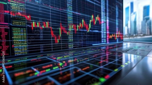 Global investment trends with futuristic financial technology, stock market analytics, and binary code background