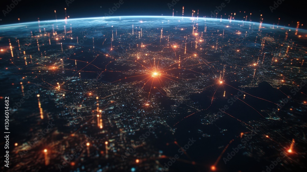 Globe with a web of interconnected points, glowing digital data exchange, futuristic technology theme Globe with a web of interconnected points, glowing digital data exchange, futuristic technology theme