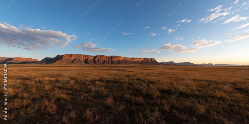 Fototapeta premium A stunning view of a sprawling plateau at sunset, showcasing its vibrant colors against the expansive sky and golden grasses, reflecting nature's breathtaking beauty.