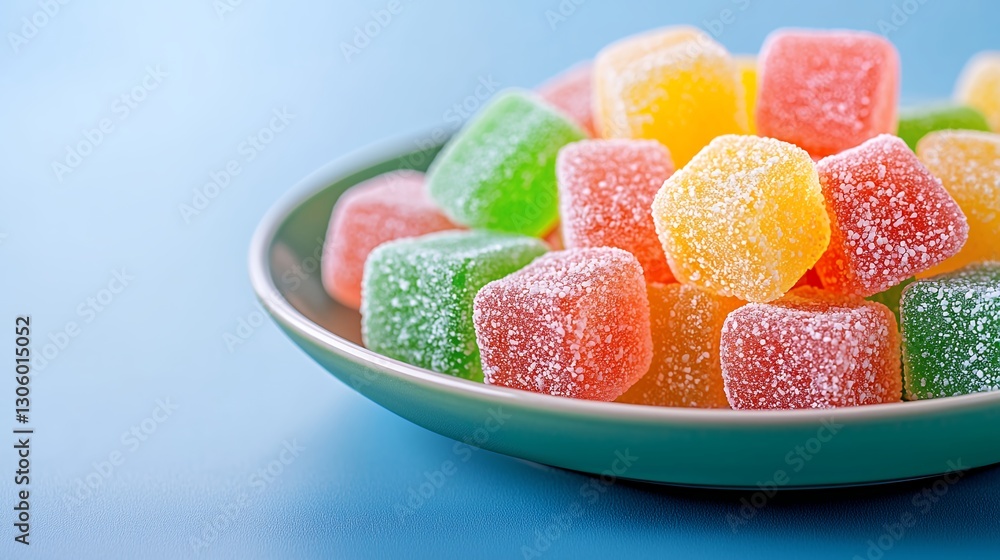 Colorful Sugar Coated Fruit Jellies in Teal Bowl Colorful Sugar Coated Fruit Jellies in Teal Bowl