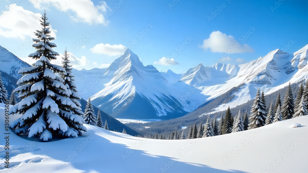 Obraz premium Majestic Mountain Scenery with Snow-Covered Pines